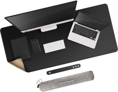 Chihein 2XL 35" x 16" Cork & PU Leather Desk Mat, Dual Sided Desk Pad Protector, Waterproof Writing Blotter for Gaming, Office, Home (Black)