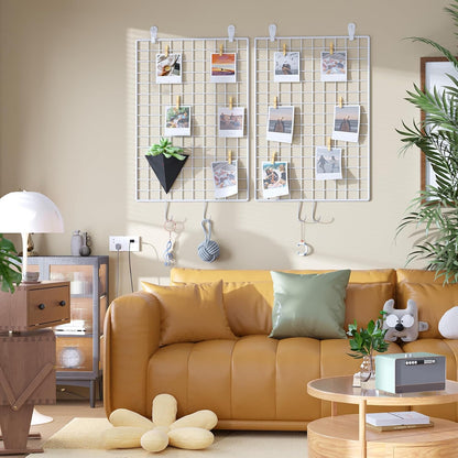 C&AHOME Photo Wall Display Set of 2, Grid Panel with Hooks, Clips, Hemp Cord, Hammer - 15.7" x 11.8", White UWWGM3402W