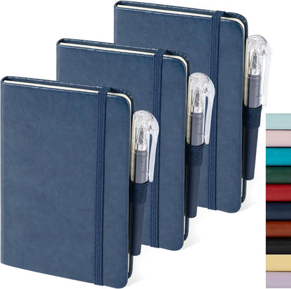 NIRMIRO 3 Pack Pocket Notebook Journals, Small Notepad Notebooks for Note Taking, A6 Mini Note pads with Pen Holder, 408 Lined Pages, 3.7" x 5.7", Black, Brown, Blue
