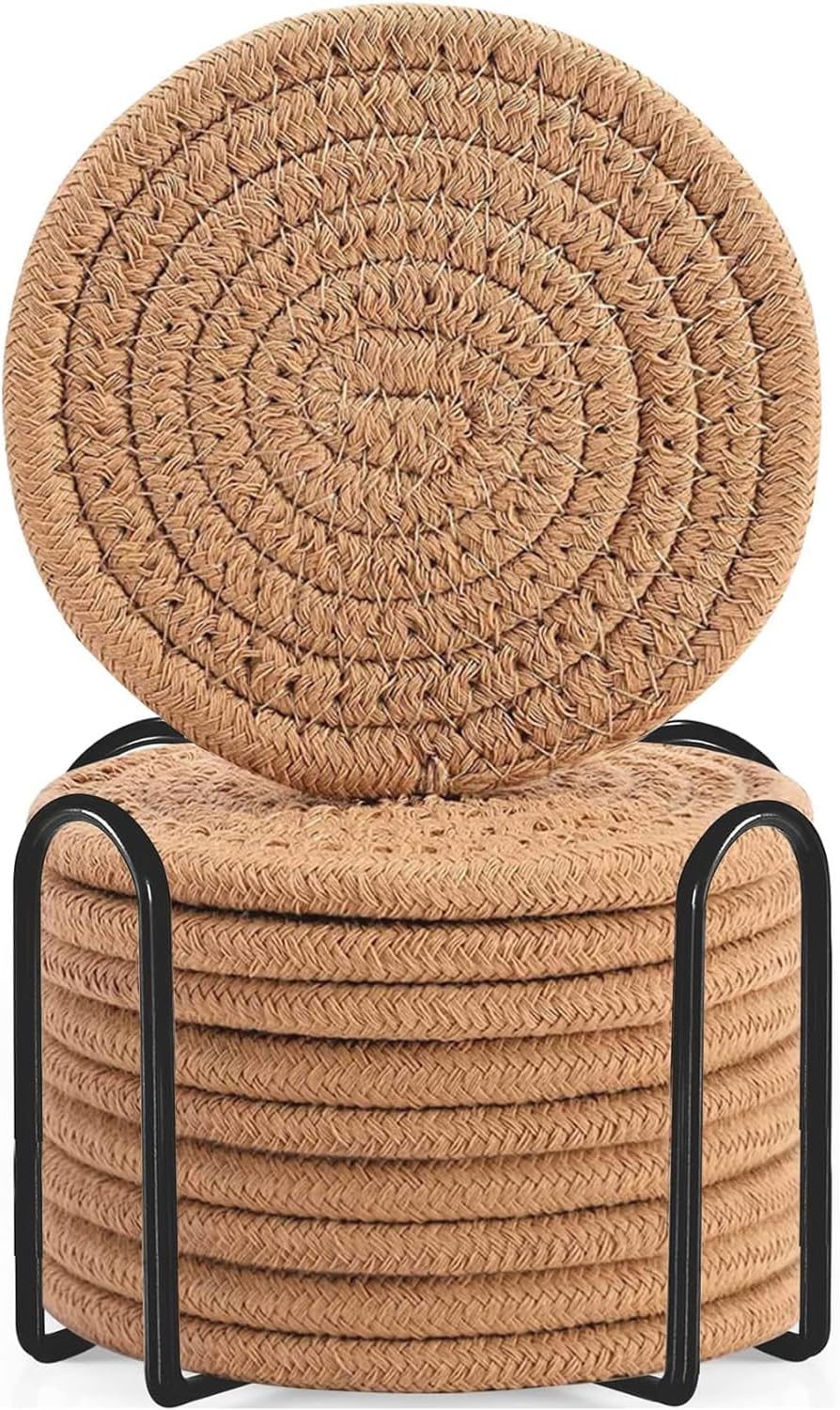 ABenkle 8 Pcs Drink Coasters with Holder, Cotton Woven Absorbent Coasters for Drinks, Minimalist Home Decor Coaster Set for Wooden Tabletop Protection Table, 4.3 inches Mixed Brown