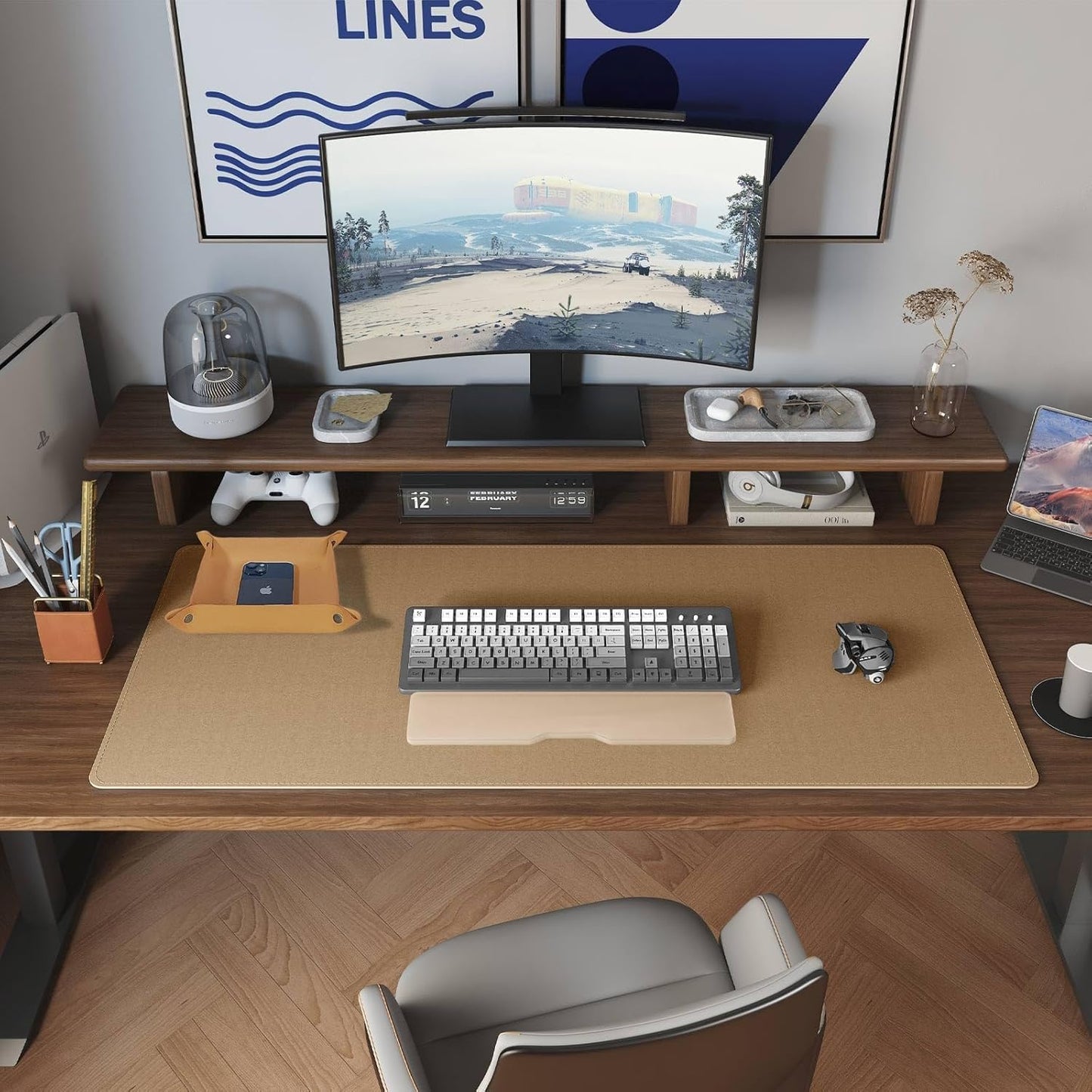 DAWNTREES Dual Sided Desk Mat,Leather Desk Pad,Brown 40"x16",Cork Desk Mat Protector,with PU Leather Valet Tray Organizer,Large Mouse Pad,Desk Writing Pad for Office and Home