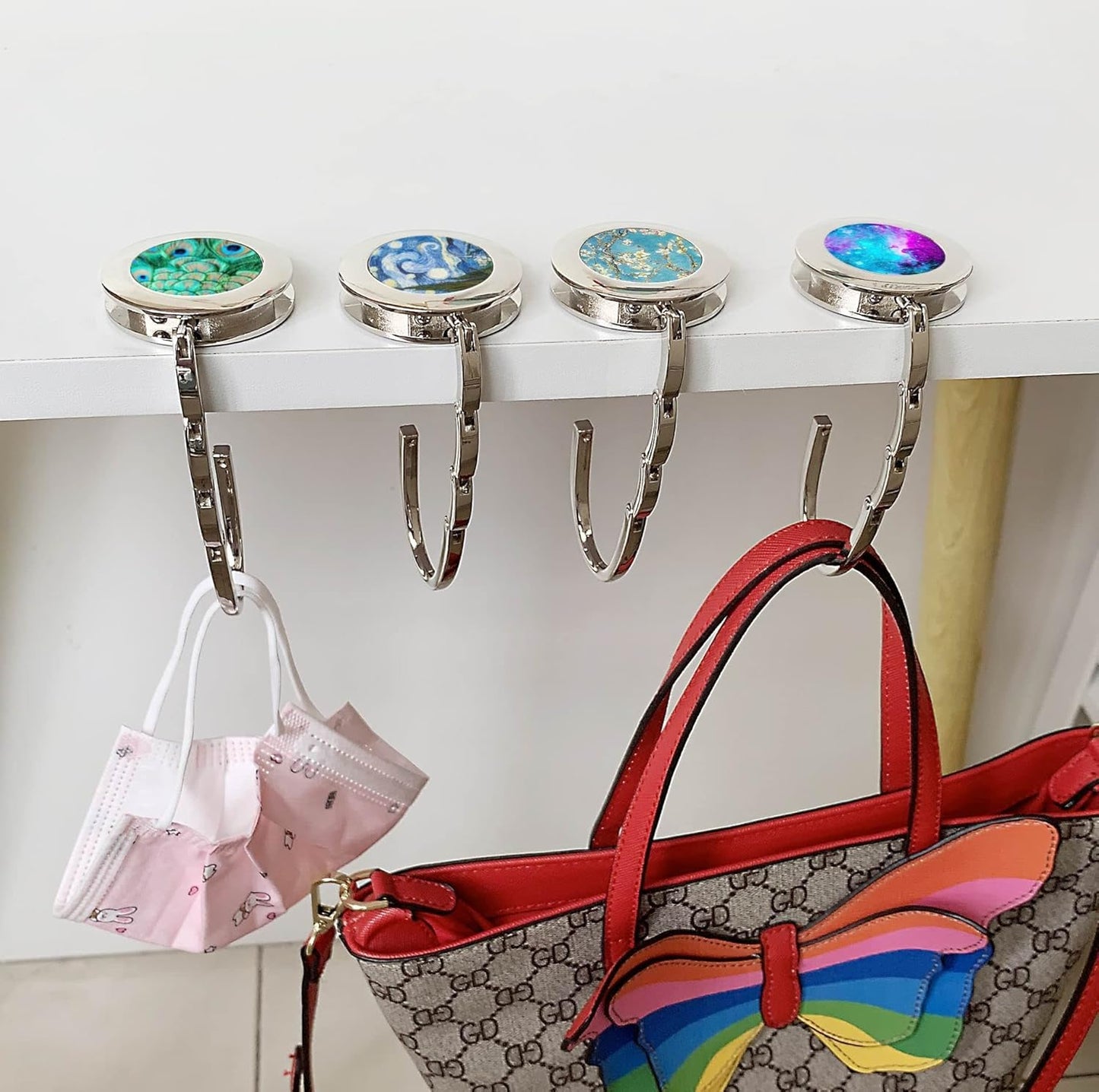 ROFLYER Handbag Shape Design Metal Foldable Purse Bag Hook Table Hanger,Set of 4