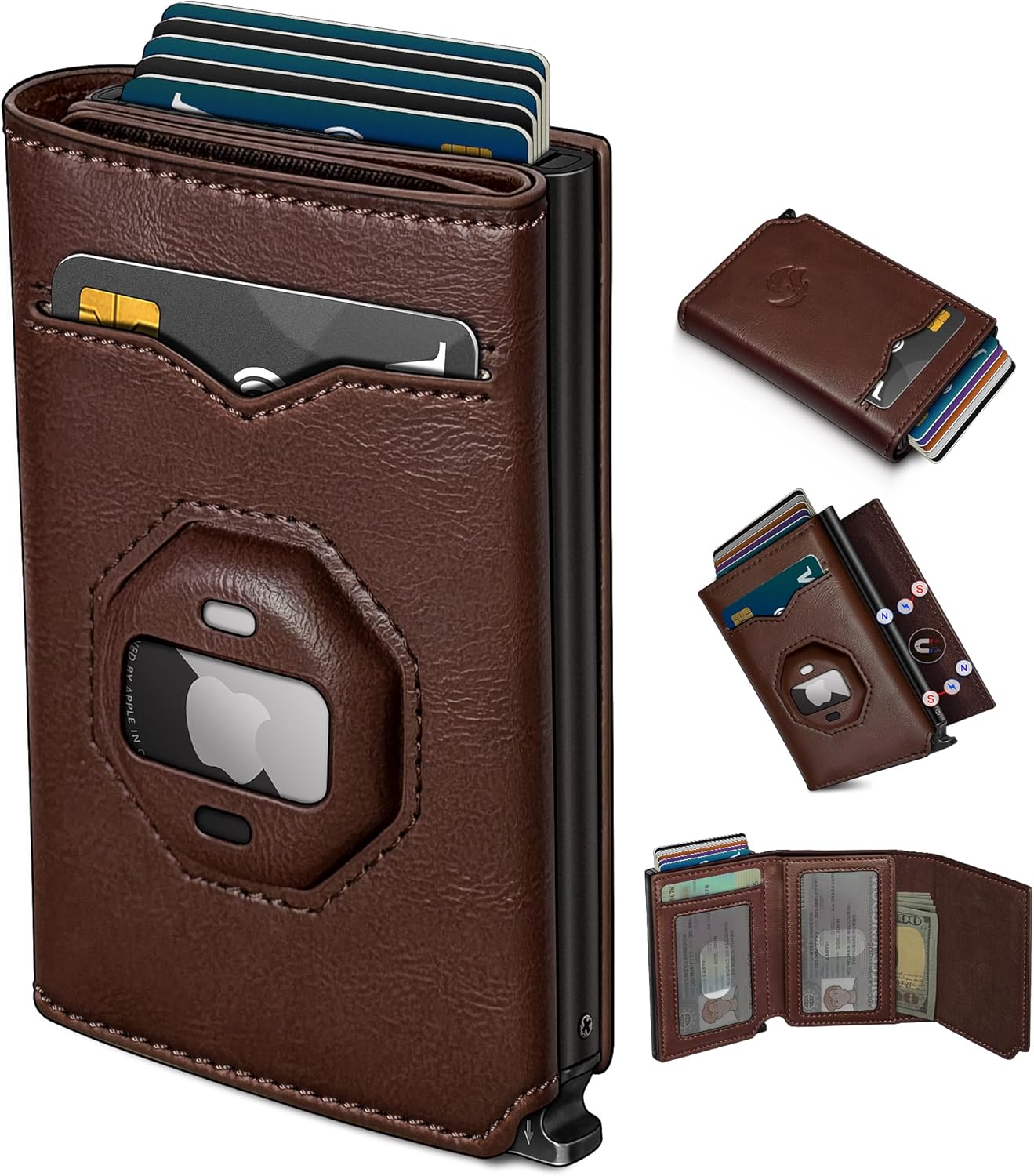 Airtag Wallet for Men,with Cash Pocket 2 ID Window 10+ Cards,Metal Case Smart Slim Pop Up Credit Card Holder Flip with Magnetic Closure RFID Blocking Trifold Leather wallet with Gift Box