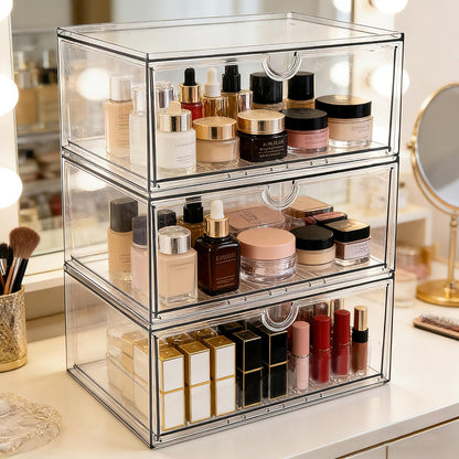 Prsildan Acrylic Drawer Makeup Organizer with 6 Drawers (Not for Baby Bottle), Set of 2 Office Desk Organizers Accessories, Clear Stackable Storage Drawers for Vanity, Craft (Largest Drawer 4" Tall)