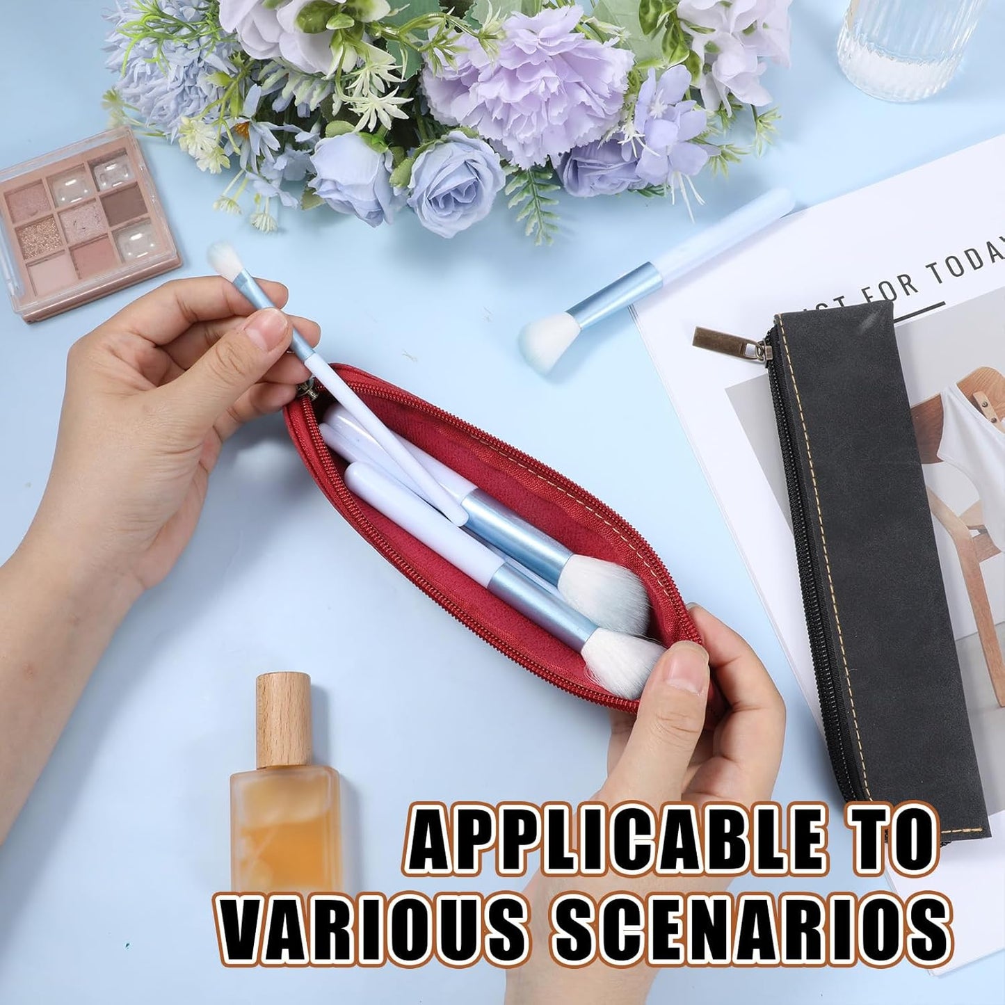 Psyqtsuary Leather Pencil Case, 2 Pcs Slim Small Pencil Pouch Portable Flat Pen Pouch with Zipper Simple Makeup Bag Lipstick Case for Women Men Home, Office, Travel Outdoor (Black, Claret)