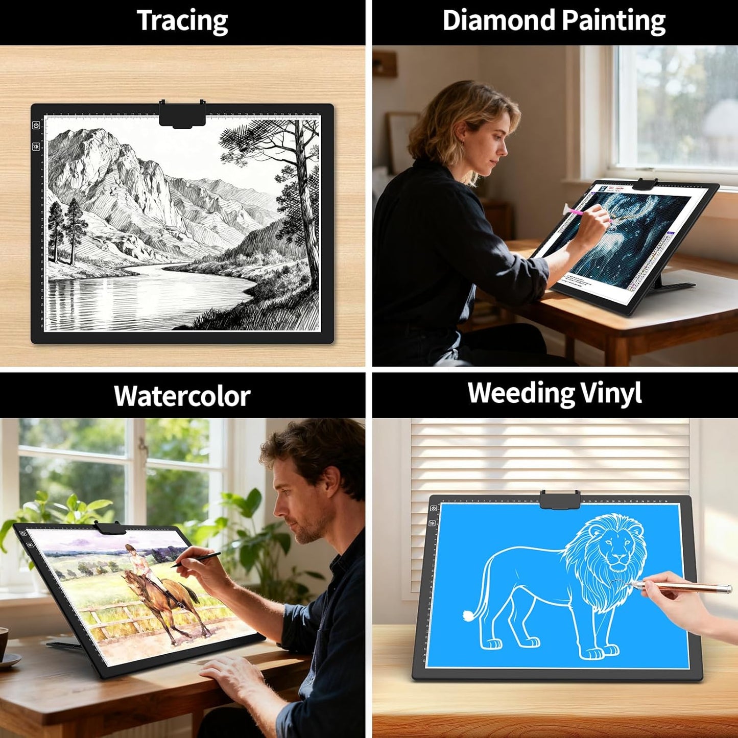 HIUKCOLED Rechargeable A4 Light Pad, Battery Powered Light Board with Carry Bag, Built-in Top Clip＆Stand, Stepless Dimmable＆6-Level Brightness Adjustable, Wireless LED Tracing Box for Weeing Vinyl