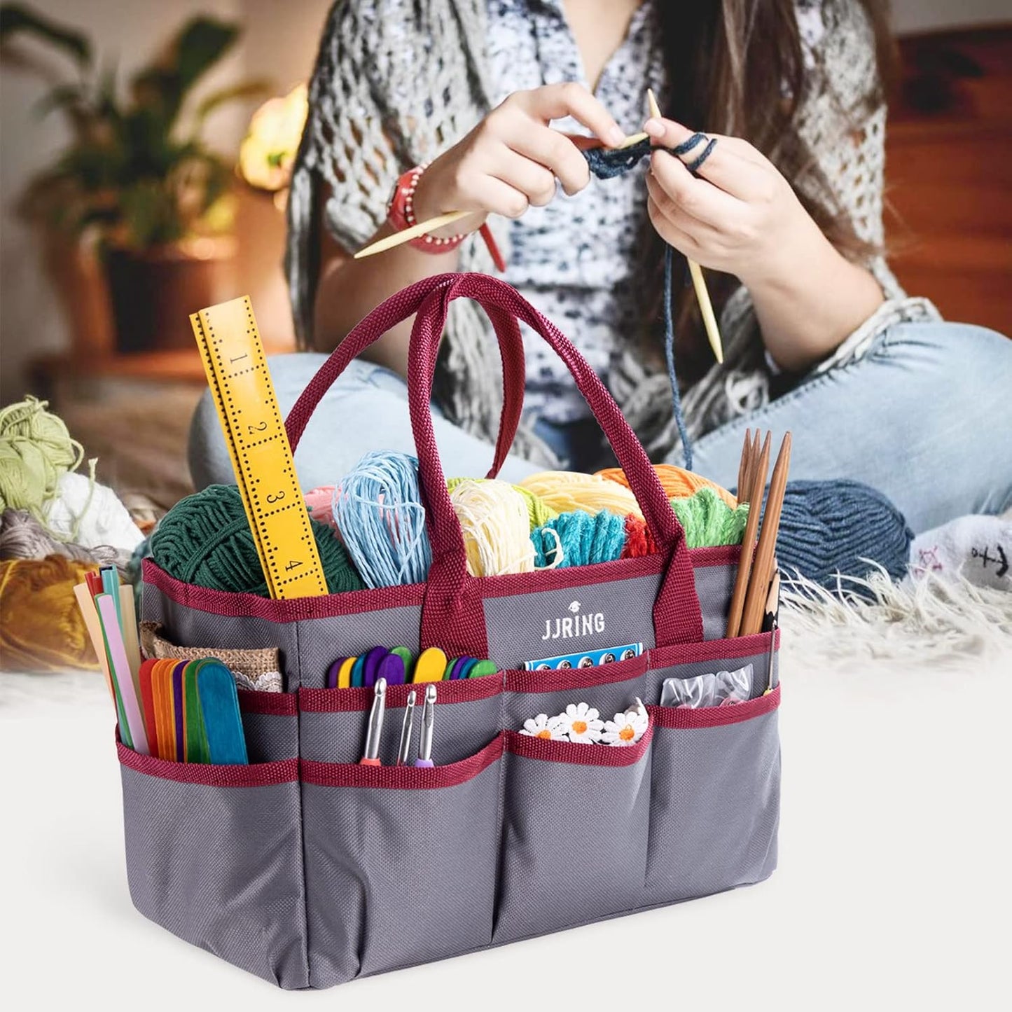 Jjring Craft and Art Organizer Tote Bag - 600D Silver Nylon Fabric Art Caddy with Pockets - for Art, Craft, Sewing, Medical, and Office Supplies Storage
