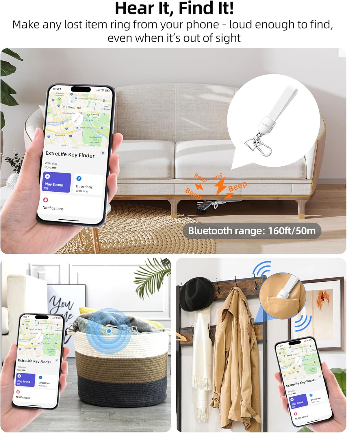 Keychain, Works with Apple Find My, Leather Car Keychain for Women and Men, Car Key Fob Holder, Key Chain with GPS Tracker, Anti-Lost Smart Keys Finder, Rechargeable, Black
