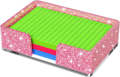 Sticky Note Holder, Glitter Pink Acrylic Notepad Holder 3x3 in Self-Stick Note Dispenser Office Desk Accessories, Memo Pad Holder Organizer for Classroom School Supplies