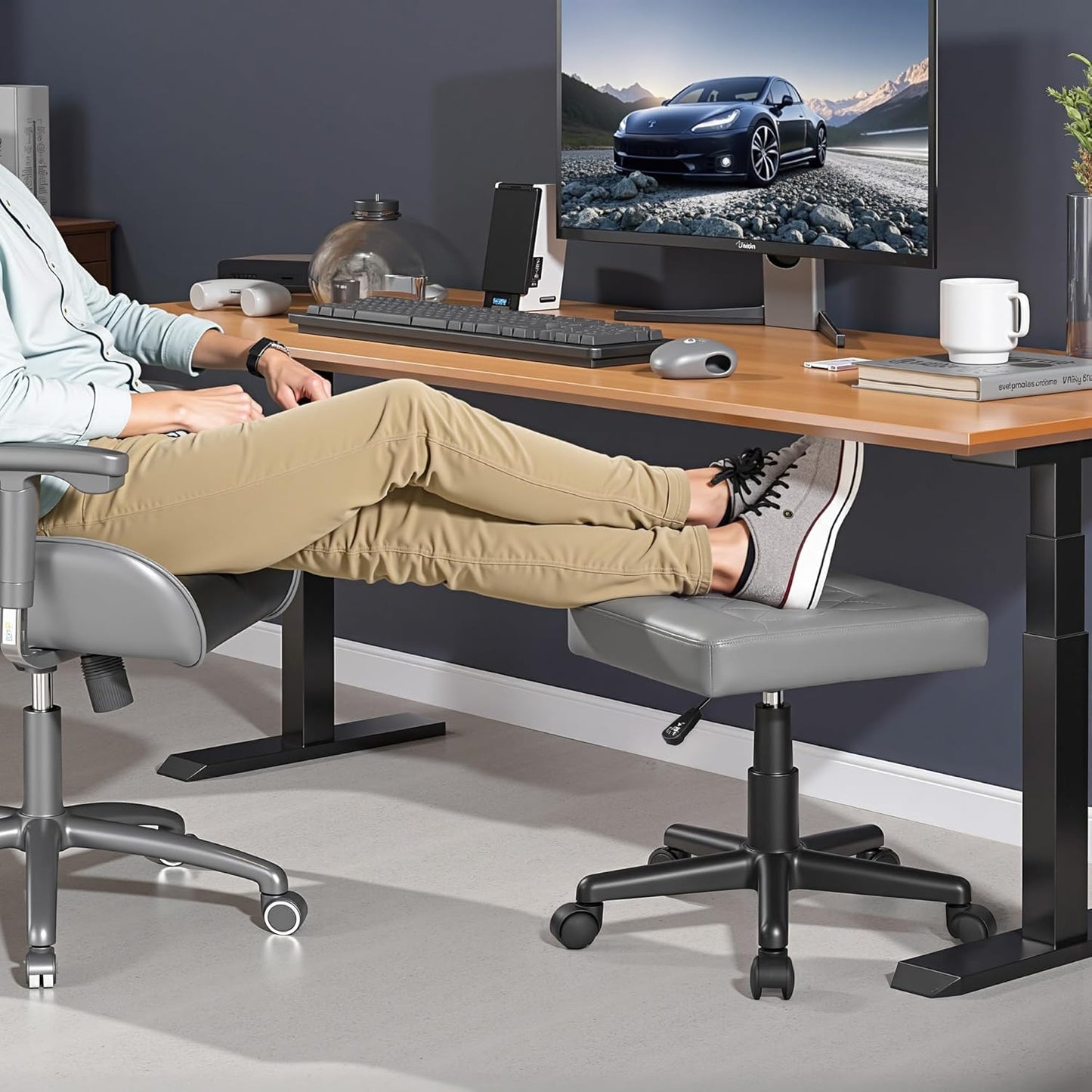 VECELO Under Desk Footrest, PU Ergonomic Foot Rest with Wheels, Comfort Padding, Height Adjustable for Relieving Leg Pain, Stiffness, Black