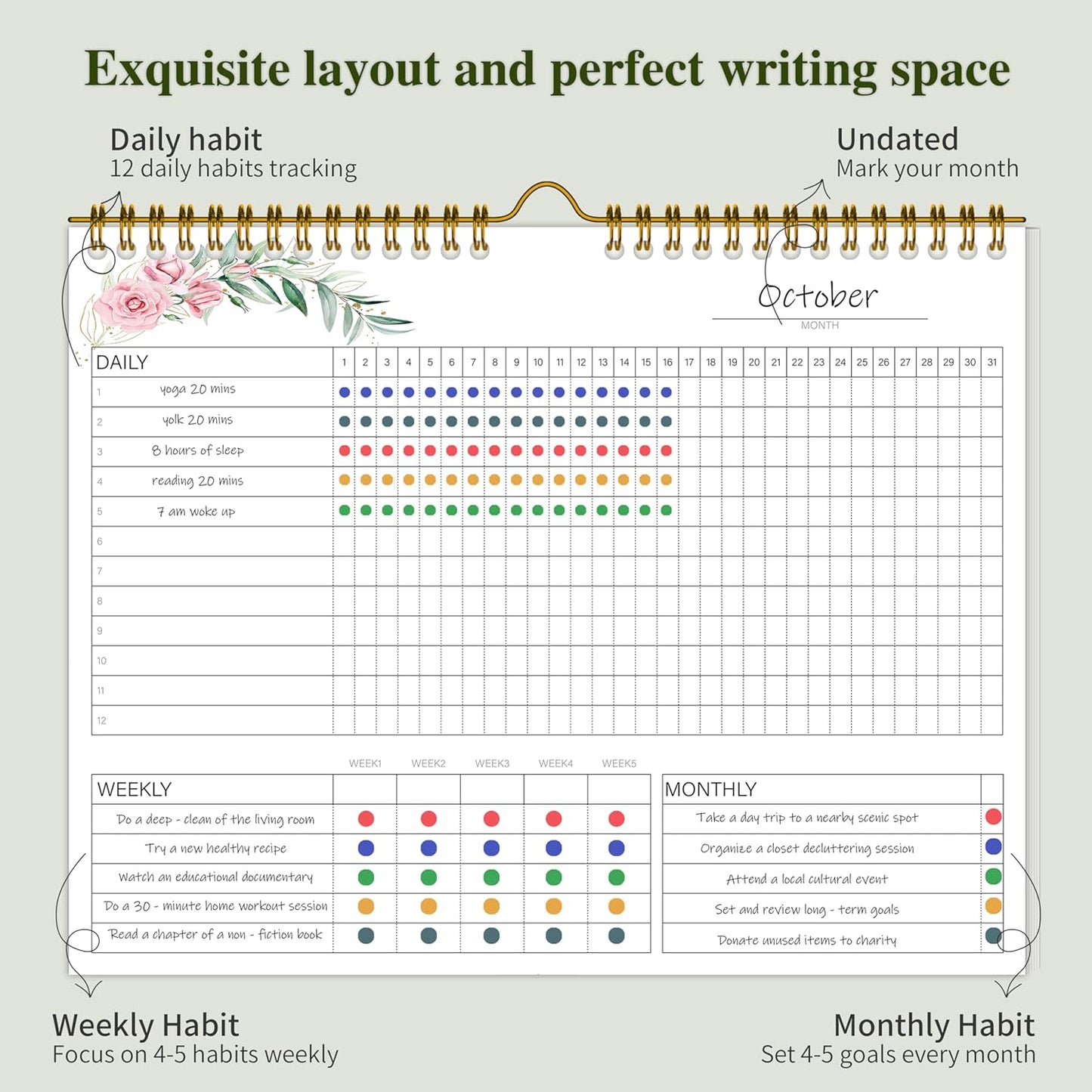 Habit Tracker Calendar，12 Monthly Habit Tracker Journal with Spiral Binding,Undated Weekly Monthly Planner to Boost Productivity&Self Improvement, 8"x10"（Green)