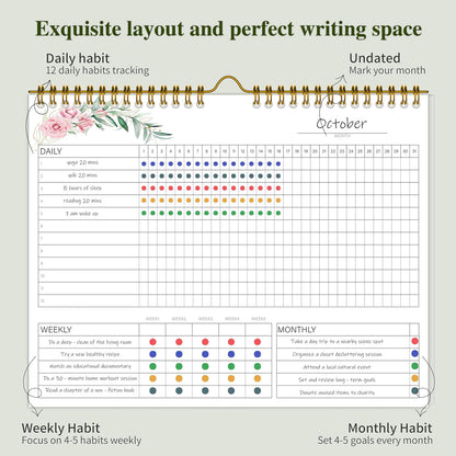 Habit Tracker Calendar，12 Monthly Habit Tracker Journal with Spiral Binding,Undated Weekly Monthly Planner to Boost Productivity&Self Improvement, 8"x10"（Green)