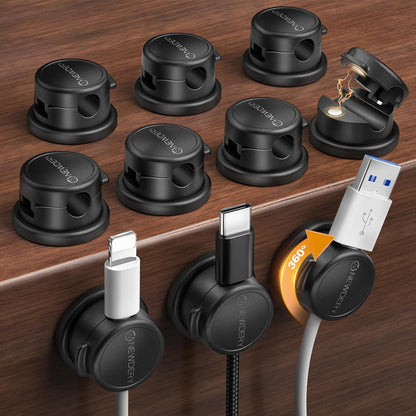 NEWDERY Magnetic Cord Organizer | 10 Pack Cable Clips with 360° Swivel & 1s Lock | Charging Cord Holder for Desk, Nightstand | Perfect Cable Management for Home Office & Gaming Setup- Clear