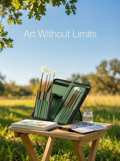 DUGATO Short Paint Brush Holder & Organizer 5.4x10.7 Inches, Blue Canvas Bag for Brushes up to 9.3" Length, Case with 15 Slots, Artist Brush Carrying Case (Brush Not Included)
