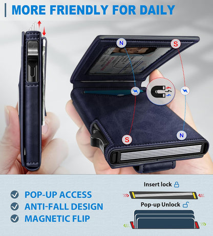 miyozi Airtag Wallet for Men Money Clip 9-Card Pop-Up Credit Card Holder with ID Window RFID Blocking Metal Case Magnetic Closure Front Pocket Wallet Gift Box | with Money Clip