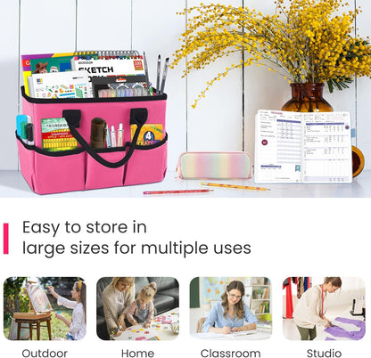 Desktop Tote and Stock Organizer, Teacher Helper Tote Bag Organization for Arts, Books, Stationery, Office Desk Organizer, Make-up Storage Tote with Handles for Travel, Black-Gray