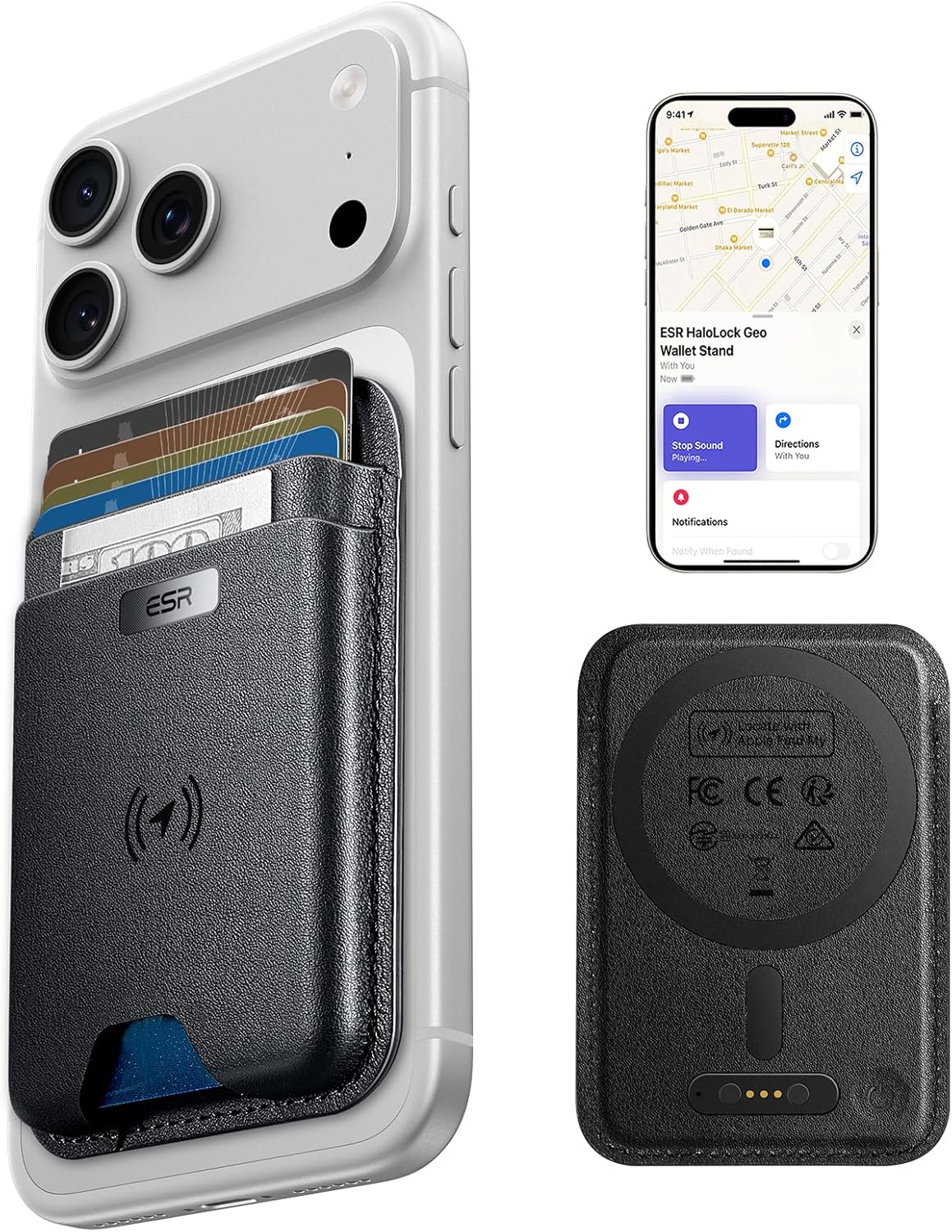 ESR Geo for MagSafe Wallet with Full Find My Functionality, RFID Blocking, 5 Cards Holder for Phone Case, Strong Magnetic Wallet for iPhone 17e/17/16/15/14/13/12 Series, Not for 13/12 Mini, Black