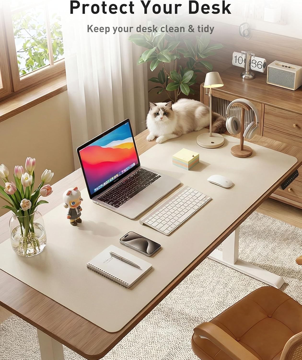 Aothia Non-Slip PU Leather Waterproof Laptop Desk Pad Protector, Blotter Mat, Writing and Mouse Pad for Office & Home, Beige, 23.6" x 13.7" - Colors B