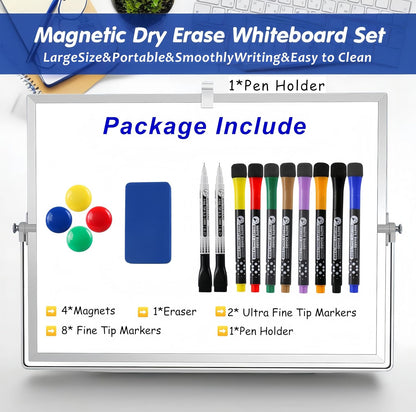 Magnetic Desktop Whiteboard with Calendar 12x16 Inch, Double Sided Tabletop Whiteboard with 10 Premium Markers (for Small Grids), 15-Pc Portable Monthly Planner for Office & School