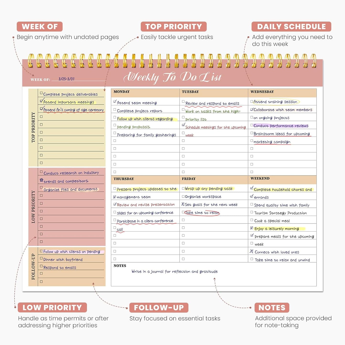 Weekly To Do List Notepad with 52 Undated Sheets（8.5"×11"）- Undated Weekly Planner Notepad for Office Desk Accessories and Supplies - Midnight Lilac