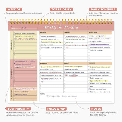 Weekly To Do List Notepad with 52 Undated Sheets（8.5"×11"）- Undated Weekly Planner Notepad for Office Desk Accessories and Supplies - Midnight Lilac