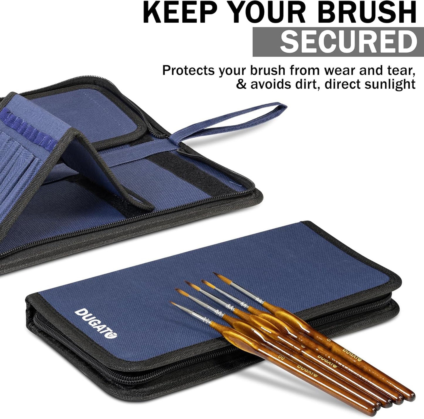 DUGATO Short Paint Brush Holder & Organizer 5.4x10.7 Inches, Blue Canvas Bag for Brushes up to 9.3" Length, Case with 15 Slots, Artist Brush Carrying Case (Brush Not Included)