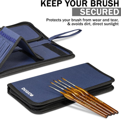 DUGATO Short Paint Brush Holder & Organizer 5.4x10.7 Inches, Blue Canvas Bag for Brushes up to 9.3" Length, Case with 15 Slots, Artist Brush Carrying Case (Brush Not Included)