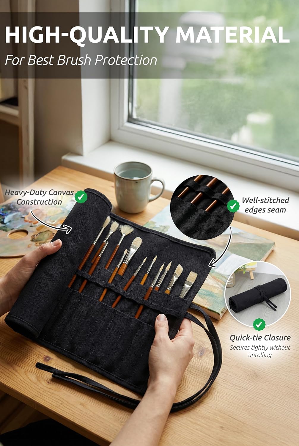 DUGATO 30-Slot Roll-Up Paint Brush Holder, Premium Canvas Brush Organizer for Artists, Washable Travel Brush Case for Watercolor, Acrylic, Pens & Art Supplies (Army Green) - Brushes not Included