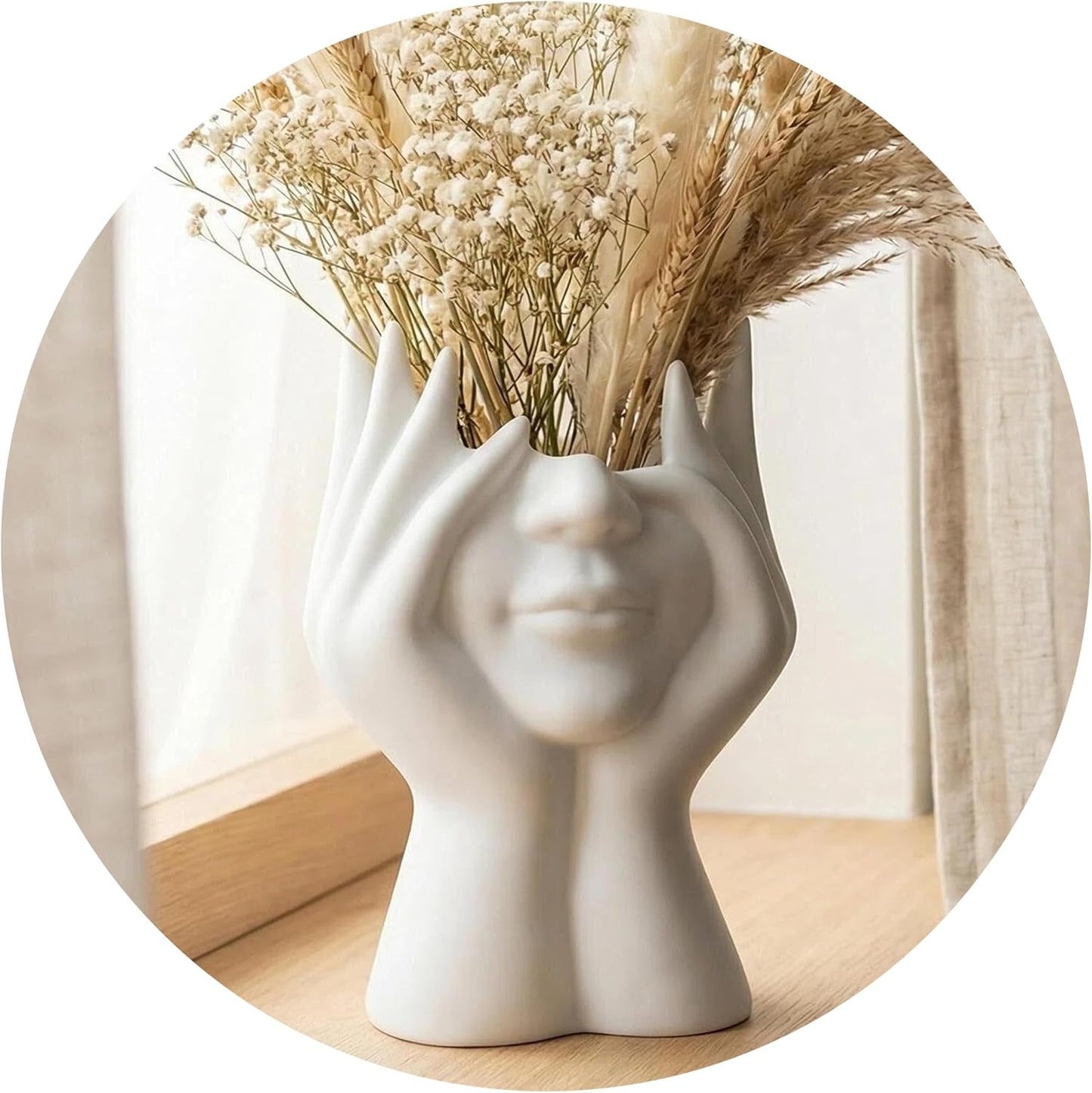 Pen Holder for Desk, Creative Face-Holding Art Sculpture Multi-Functional Organizer, Home Decor Figurine & Artificial Flower Vase Base, Desk Makeup Brush Holder, Unique Gift