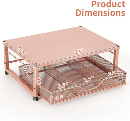 Wood Metal Monitor Stand Riser, Laptop Stand for Desk, Office Desk Organizer and Accessories, Computer Desktop Shelf with Drawer and Pen Holder, Printer Stand for Home, Office, Dorm (Natural Wood)