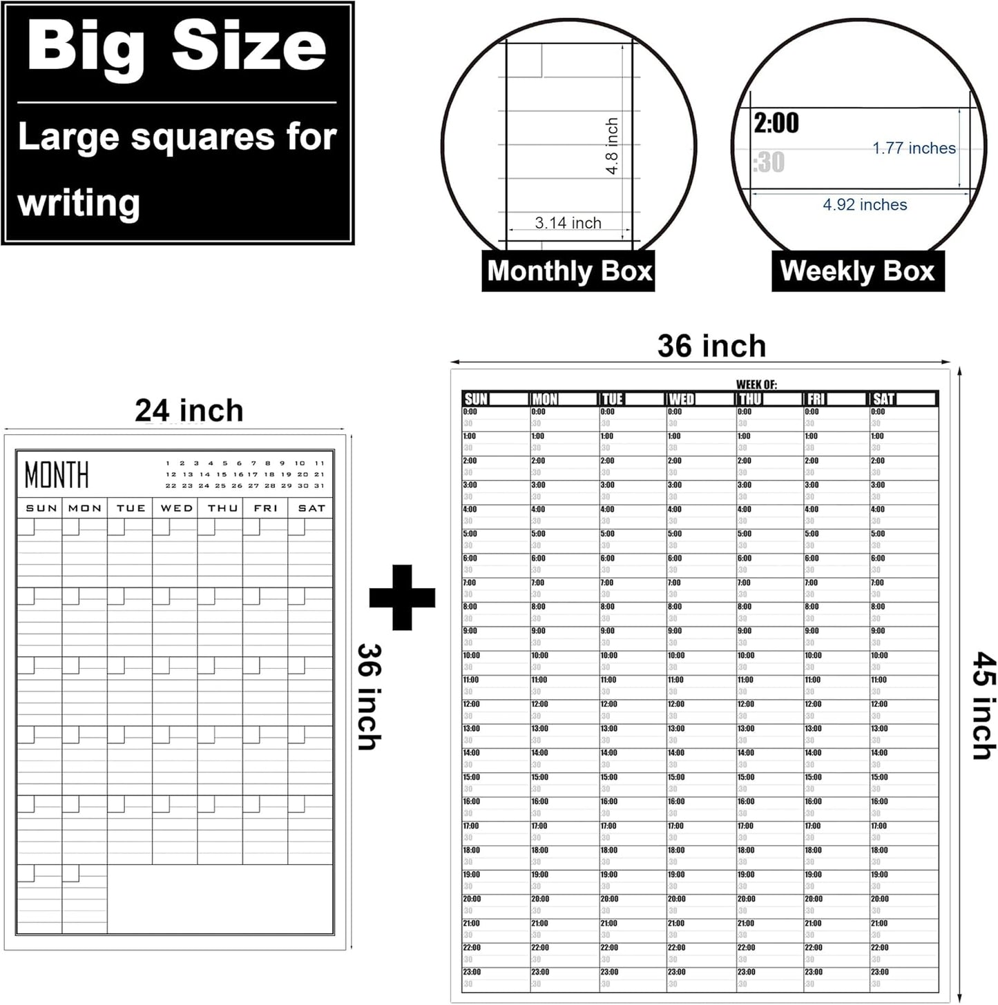 36x45 Inch Large Dry Erase Weekly Wall Calendar 24 Hour Time Slots And 24x36 Inch Big Monthly White Board Planner Combo For Work,Home Office,Jumbo Weekly Homeschool Calendar 30 Minute Increments