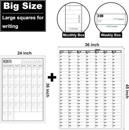 36x45 Inch Large Dry Erase Weekly Wall Calendar 24 Hour Time Slots And 24x36 Inch Big Monthly White Board Planner Combo For Work,Home Office,Jumbo Weekly Homeschool Calendar 30 Minute Increments