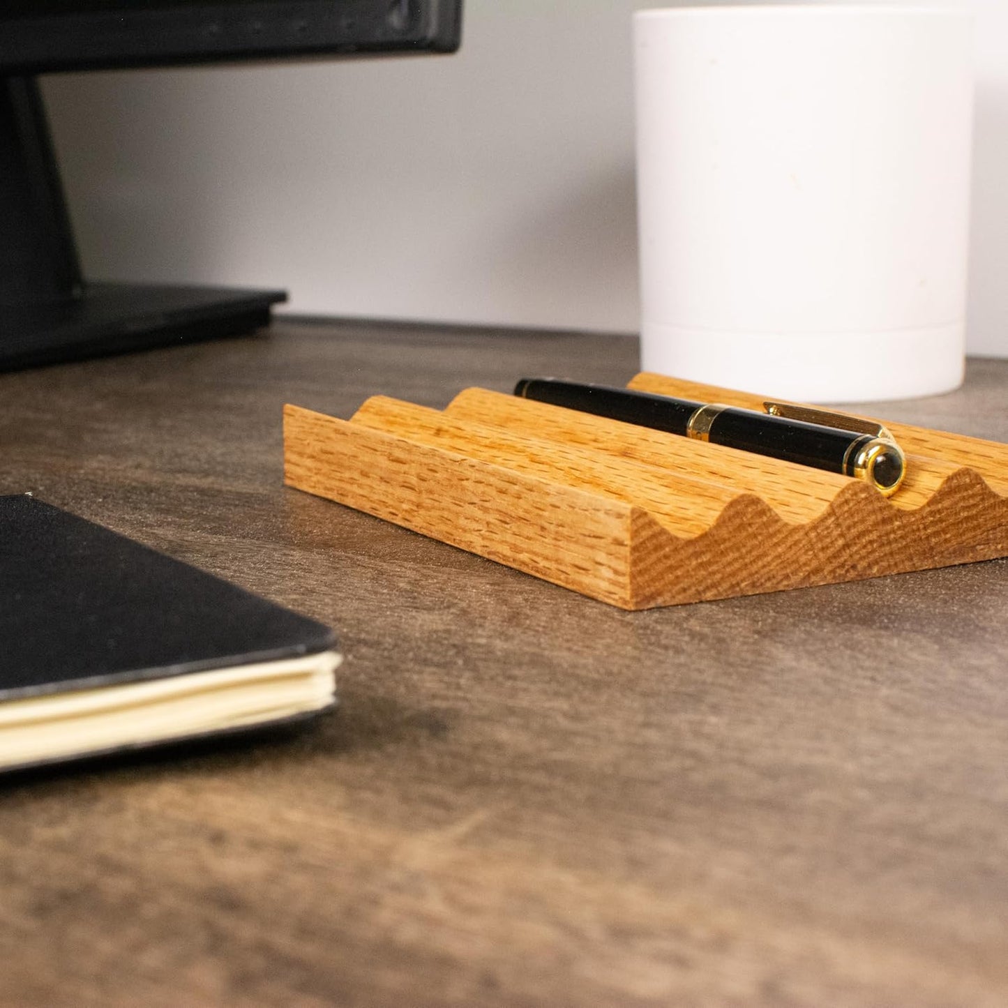 Solid Oak Pen Tray, Minimalist Desk Organizer, Natural Wood Pen Holder with Rounded Wavy Channel, Handcrafted Office Accessory