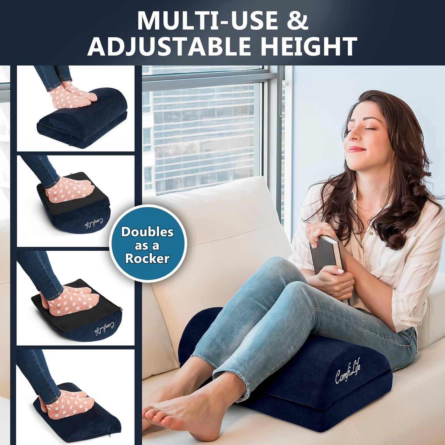ComfiLife Foot Rest for Under Desk at Work – Adjustable Height Memory Foam Foot Stool for Under Desk, Office Chair & Gaming Chair – Ergonomic Footrest for Back & Hip Pain Relief (Black)