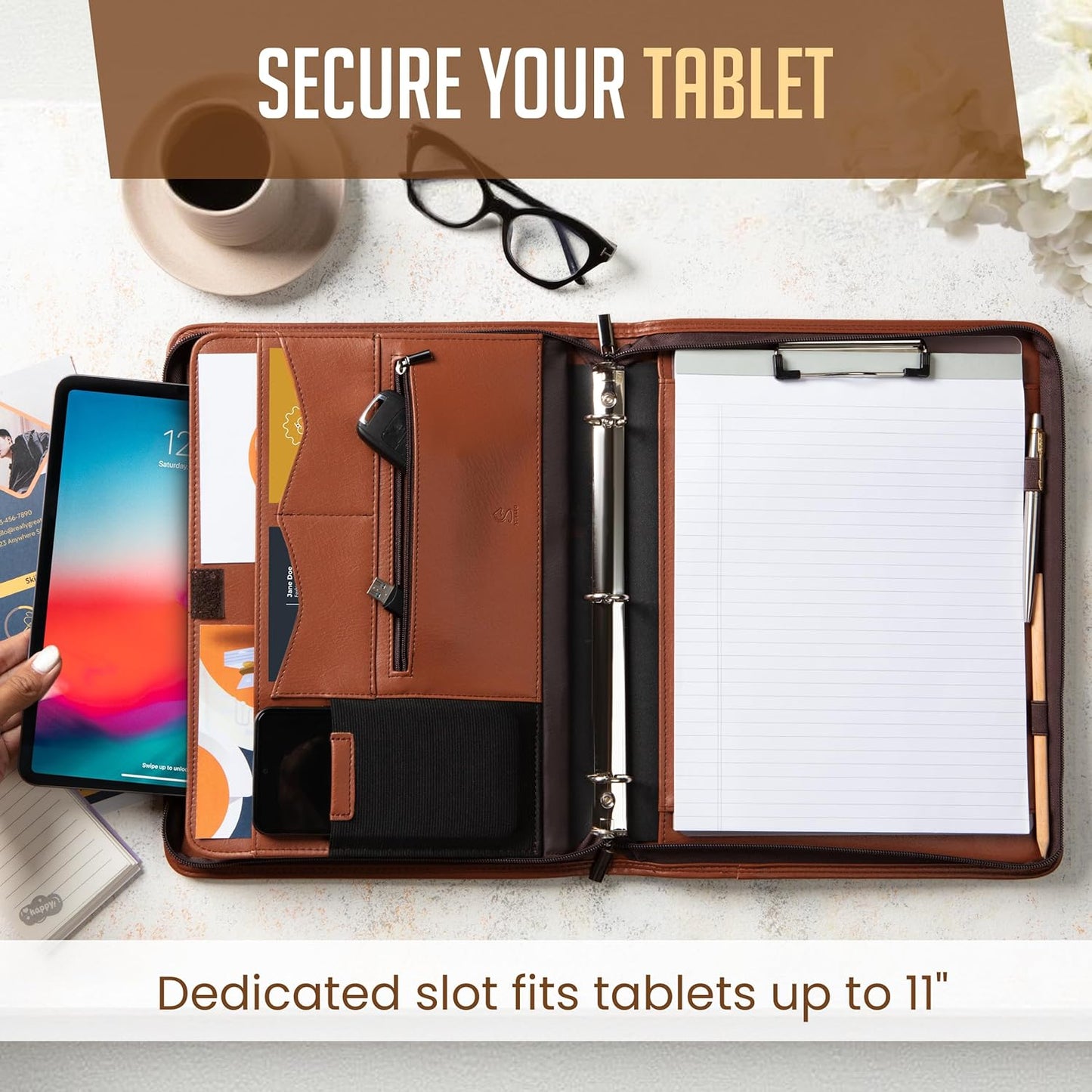 STYLIO Zipper Padfolio Portfolio Binder Organizer | Faux Leather Portfolio for Resume, Documents, Phone, Tablet, Business Supplies and Cards | Notebook Organizer with Letter Sized Notepad Included
