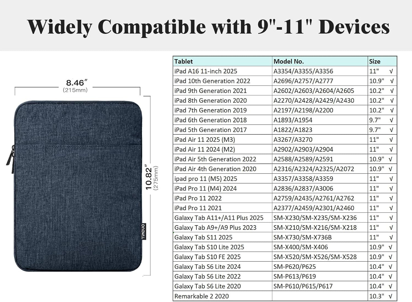 TiMOVO 9-11" Tablet Sleeve Bag for iPad 11-inch A16 2025, iPad 10.9"/10.2"| Air 11 Inch/5th/4th Gen. 10.9", Galaxy Tab A9+/A11Plus 11", Protective Bag Fit Smart Keyboard, Dusty Blue