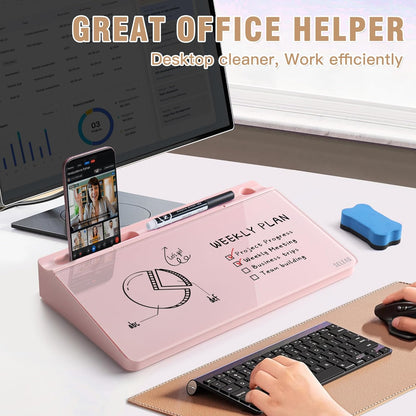 SELEAD Desktop Glass Whiteboard with Wireless Charger Station, Dry Erase Board Computer Pad Keyboard Stand with Organizer for Home, School, Office Desk Accessories, Black
