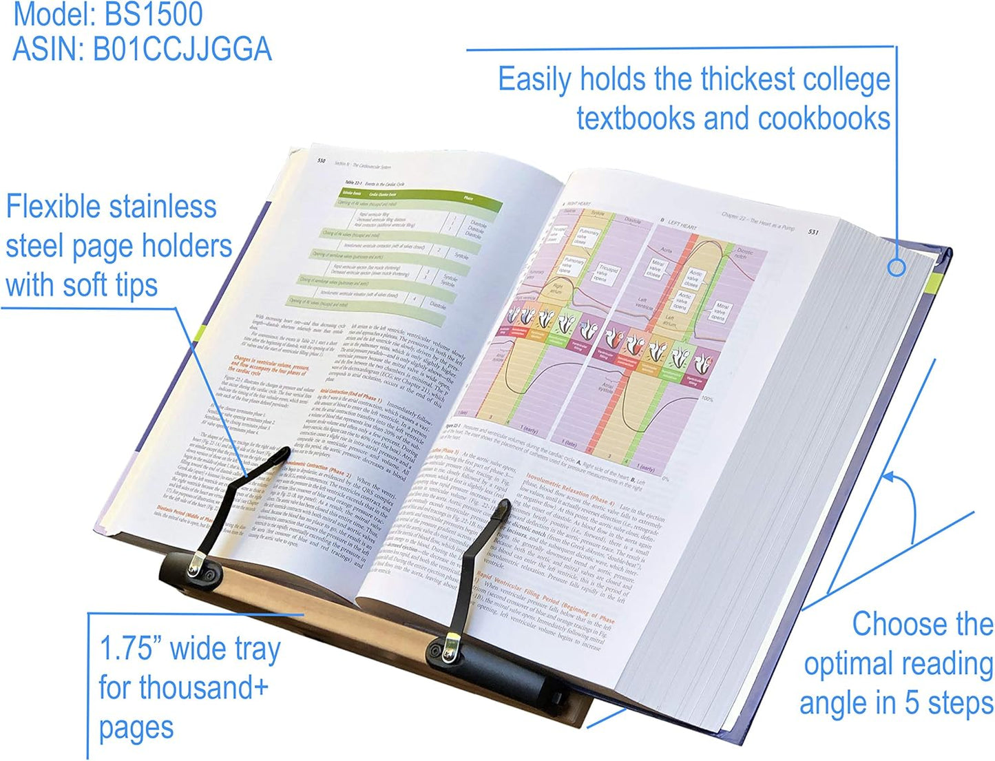 BS1500 11.8x8.5 Portable Adjustable Foldable Bookstand Holder for Reading Hands Free Large Thick Heavy Textbooks Cookbooks Tablets