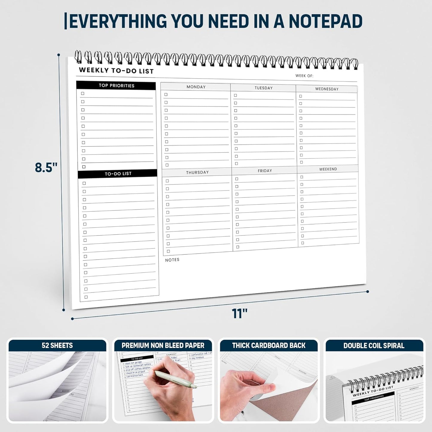 To Do List Notepad: With Multiple Functional Sections - Large Size 8.5x11" 52 Sheets - Tear Off Daily Planner Notebook - Task CheckList Organizer Agenda Pad for Work - Note, Plans, Goals, Grocery, and