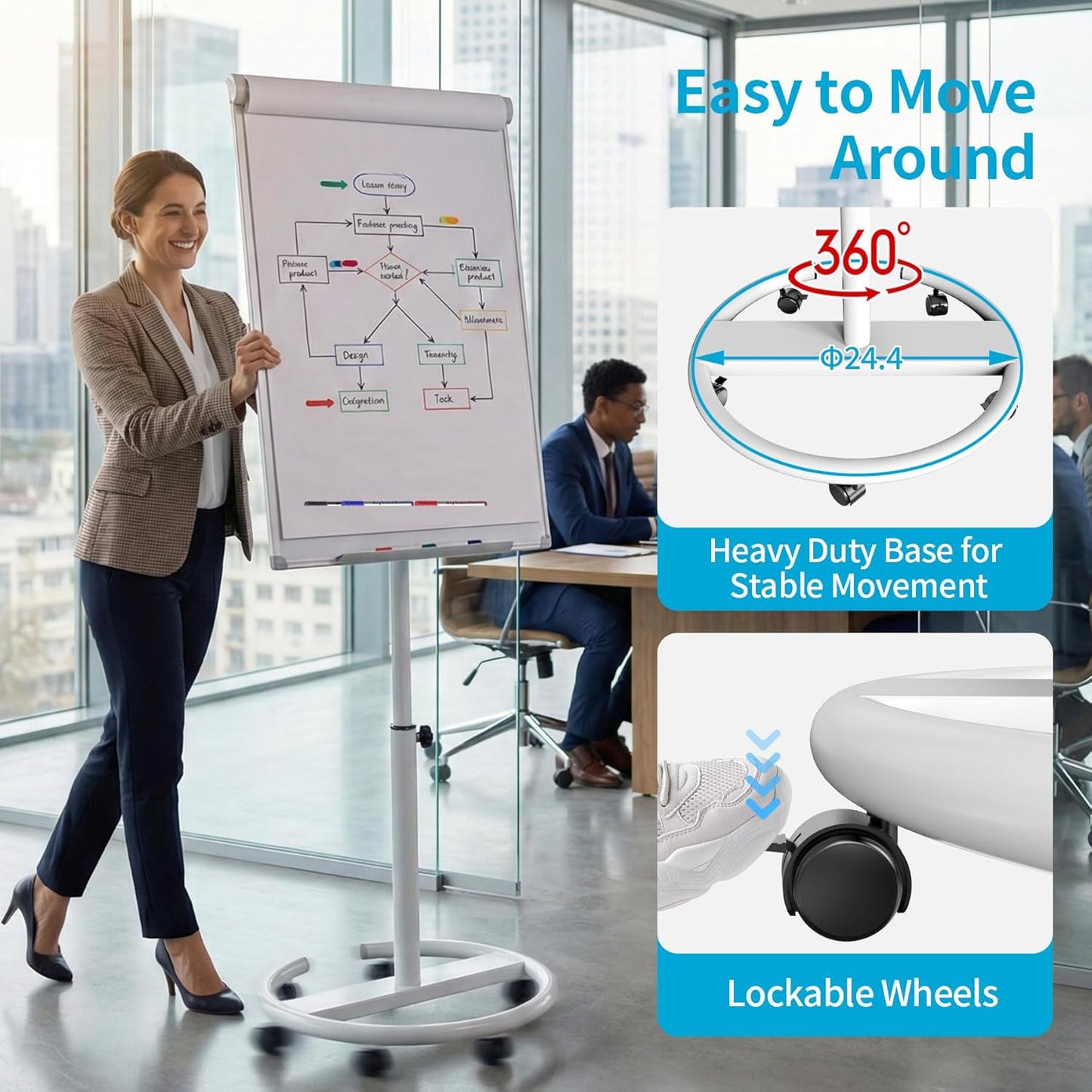 Black Mobile Whiteboard on Wheels 36 x 24 Inch-Rolling Magnetic Dry Erase Easel Board with Flipchart Paper Pad-Height Adjustable Standing Board for Meetings, Classes, Training, Workshops