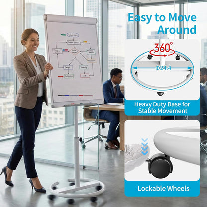 Black Mobile Whiteboard on Wheels 36 x 24 Inch-Rolling Magnetic Dry Erase Easel Board with Flipchart Paper Pad-Height Adjustable Standing Board for Meetings, Classes, Training, Workshops