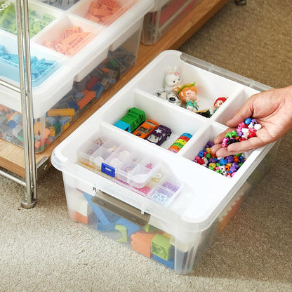 MACOPRO 17QT Craft Storage Box with 2 Removable Caddy Trays, Clear Stackable Plastic Organizer with Lid for Art Supplies, Beads, Sewing Tools, Pens & Kids Toys (White, 1Pack-2-in-1)