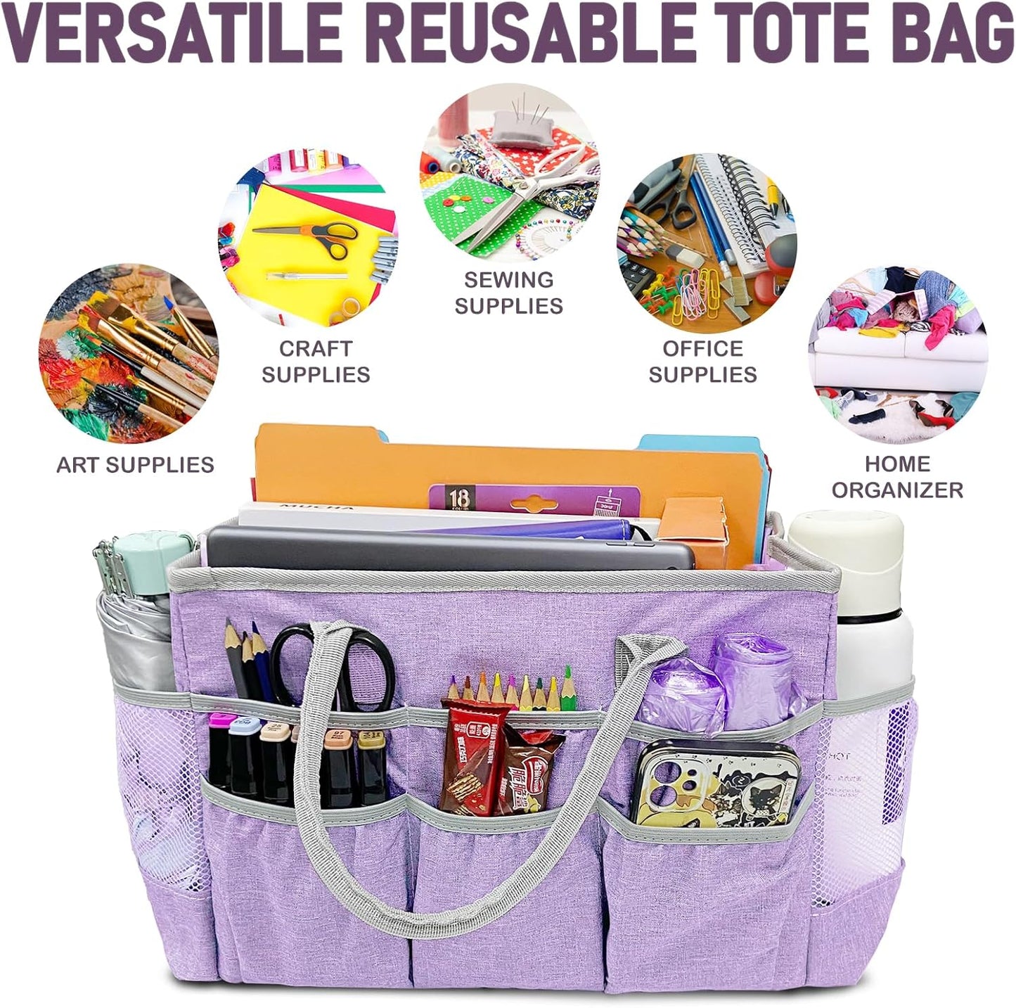 Cupohus Craft Organizer Tote Bag – Craft Caddy with 2 Mesh Side Pockets & Front Elastic Pockets, Foldable Large Capacity Supply Storage Bag for Sewing, Knitting, Painting, and Travel (Purple)