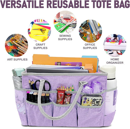 Cupohus Craft Organizer Tote Bag – Craft Caddy with 2 Mesh Side Pockets & Front Elastic Pockets, Foldable Large Capacity Supply Storage Bag for Sewing, Knitting, Painting, and Travel (Purple)