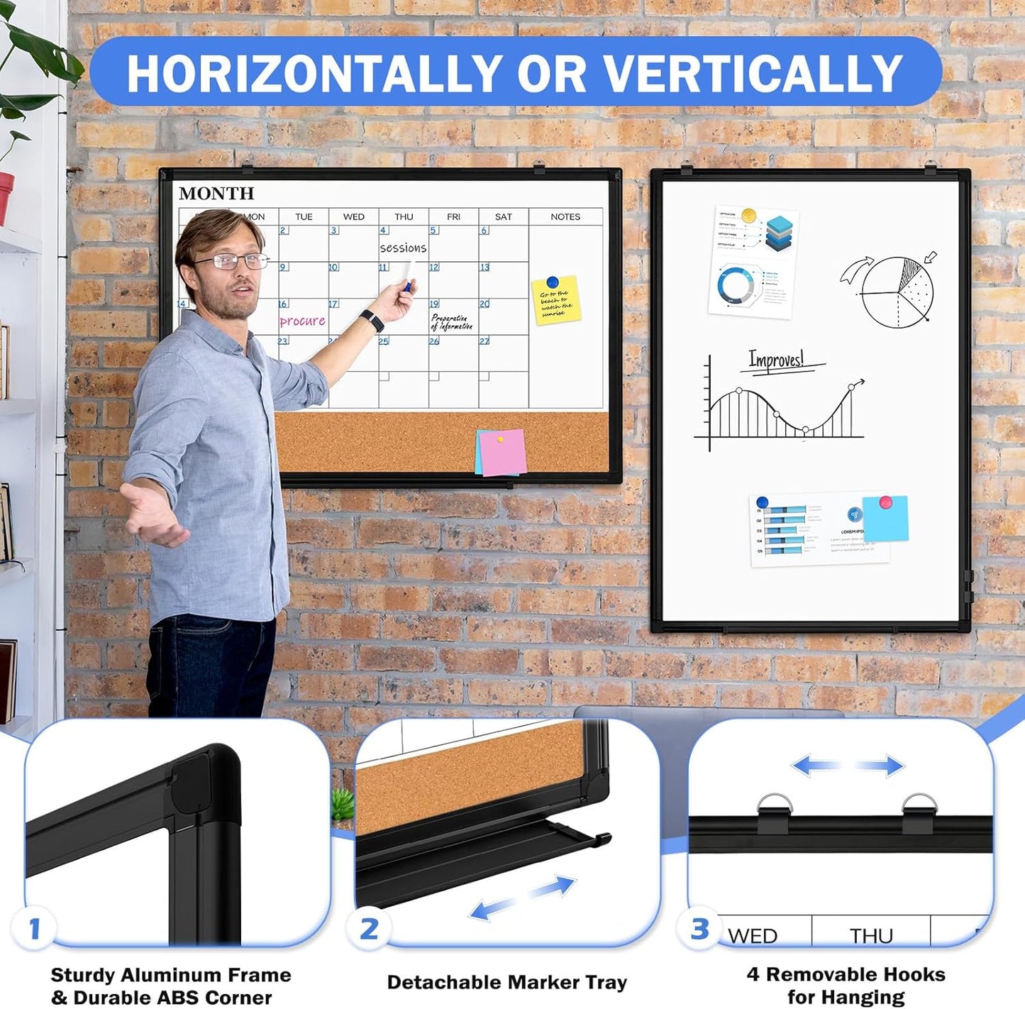 Weekly Dry Erase Calendar Whiteboard for Wall, 24" x 18" Double-Sided Weekly Planner White Board Cork Combo, Hanging & Wall Mount Week Bulletin Board with Notes for Home, Office, School, Kitchen