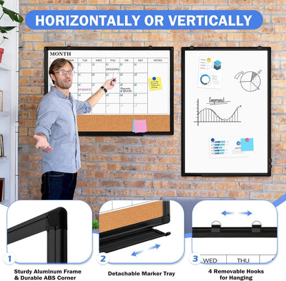 Weekly Dry Erase Calendar Whiteboard for Wall, 24" x 18" Double-Sided Weekly Planner White Board Cork Combo, Hanging & Wall Mount Week Bulletin Board with Notes for Home, Office, School, Kitchen