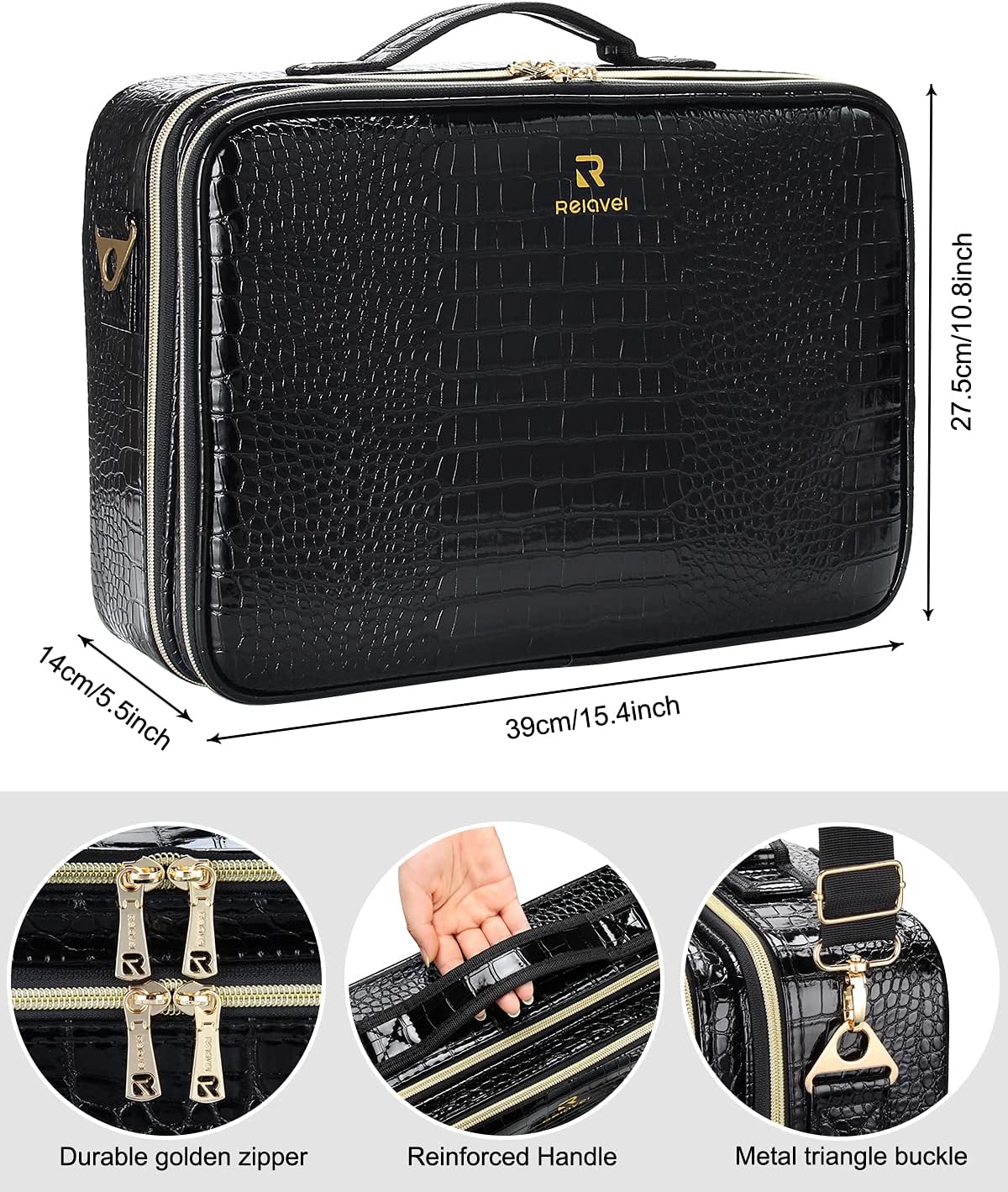 Relavel Makeup Case Large Makeup Bag Professional Train Case 16.5 inches Travel Cosmetic Organizer Brush Holder Waterproof Makeup Artist Storage Box, 3 Layer Large Capacity, with Adjustable Strap