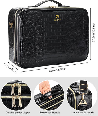 Relavel Makeup Case Large Makeup Bag Professional Train Case 16.5 inches Travel Cosmetic Organizer Brush Holder Waterproof Makeup Artist Storage Box, 3 Layer Large Capacity, with Adjustable Strap
