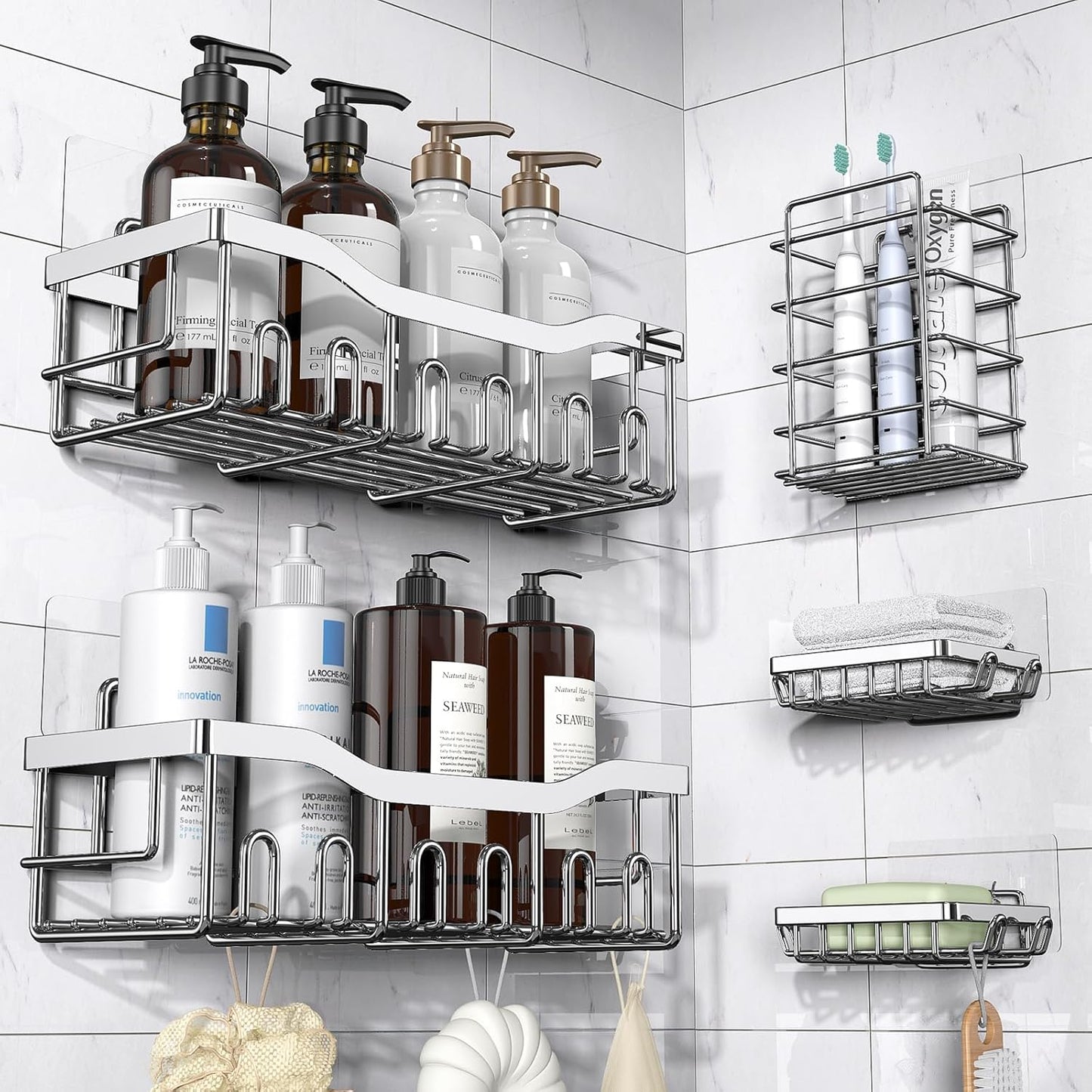 EUDELE Adhesive Shower Caddy, 5 Pack Rustproof Stainless Steel Bath Organizers With Large Capacity, No Drilling Shelves for Bathroom Storage & Home Decor