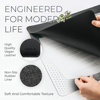 Nordik Felt and Leather Desk Mat - Willow Haze Sage - 35x17 Inch Felt and Vegan Leather Desk Blotter with Document Hideaway - Large Computer Mats for Desktop - Ideal Keyboard Mat for Office and Home